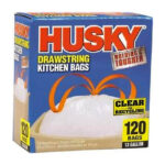 Poly-America (120-Count ) Husky 13 Gallon Nothing's Tougher Drawstring Clear Kitchen Bags .8 Mil. Thickness One-by-One Dispensing (HK13DS120C)